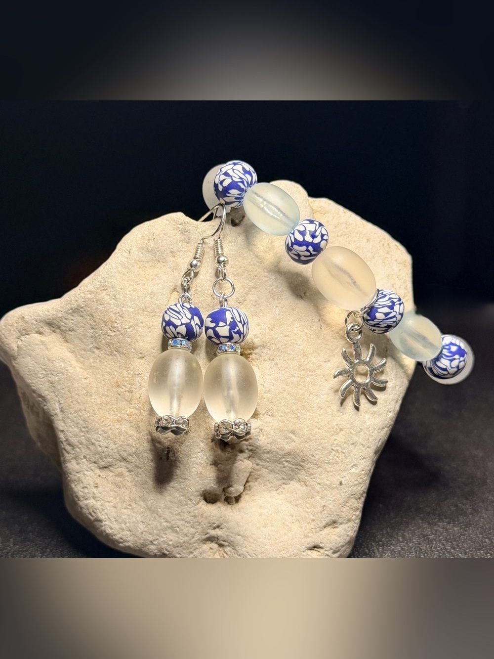 ✨Handmade✨ Blue & Frosted White Bead Earrings & Bracelet Set